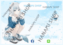 a hanami shop advertisement with a girl and a shark