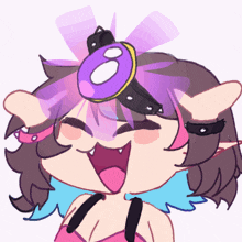 a cartoon drawing of a girl wearing a purple circle on her head