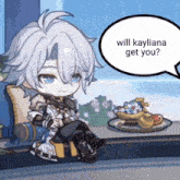 a cartoon character is sitting next to a plate of food and a speech bubble that says will kayliana get you