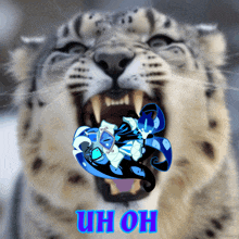 a snow leopard with its mouth open and the words uh oh in blue