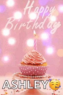 a birthday card for ashley with a pink cupcake and a pink candle