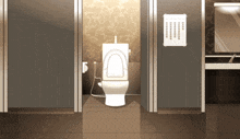 a toilet in a public restroom with a sign on the wall