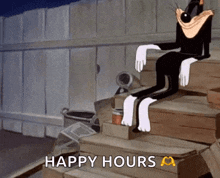 a cartoon cat is sitting on a set of stairs with the words happy hours written below it
