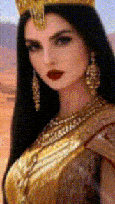 a woman with long black hair wearing a crown
