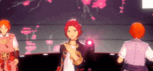 a group of anime characters are standing on a stage in front of a cherry blossom tree