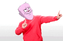 a person wearing a red sweatshirt with a cartoon face on their head