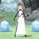 a woman in a white dress is standing in front of a water bottle with a face on it