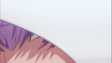 a close up of a person 's eye with purple hair and green eyes