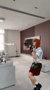 a man with red hair is dancing in a living room with a viggle.ai logo on the ceiling