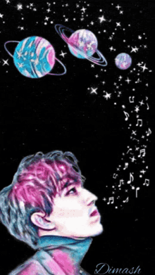 a drawing of a boy with pink hair and planets in the background