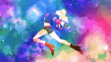 a colorful painting of a woman flying through the air with a purple background