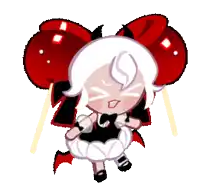 a cookie run character is holding two red lollipops in her hands