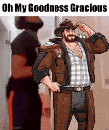 a cartoon of a man in a plaid shirt and cowboy hat with the caption oh my goodness gracious