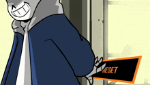 a cartoon character is holding a sign that says " reset "