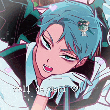 a drawing of a boy with blue hair and the words till de dam on the bottom
