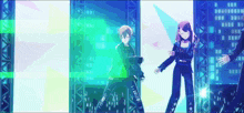 a group of anime characters are dancing on a stage in front of a city skyline .