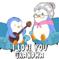 a penguin playing a guitar next to an older penguin with the words i love you grandma below them