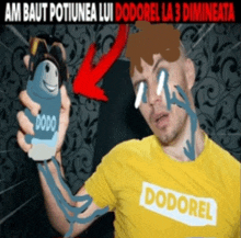 a man wearing a yellow shirt that says dodorel is holding a bottle of dodo