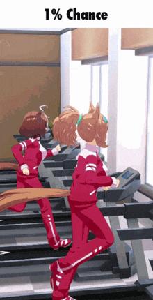 a cartoon of two girls running on treadmills with the words 1 % chance above them