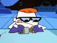 dexter from dexter 's laboratory is sitting at a table with a bottle in his hand .