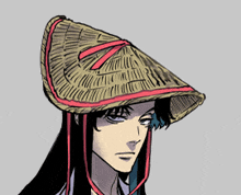 a drawing of a person wearing a straw hat with a red stripe