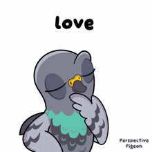 a drawing of a pigeon with the word love on it