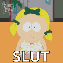 a cartoon of a girl with pigtails and the word slut below her
