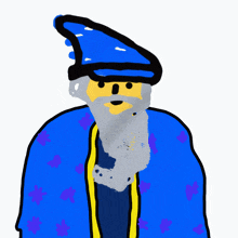 a drawing of a wizard wearing a blue cape and hat