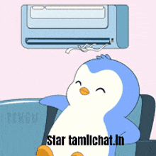 a penguin is sitting in front of an air conditioner with the words star tamilchat.in written below it