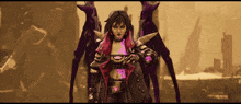 a woman with purple wings and a red jacket