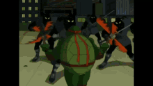 a group of teenage mutant ninja turtles are fighting each other with swords