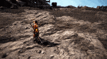 a person in a video game is standing on a rocky hillside