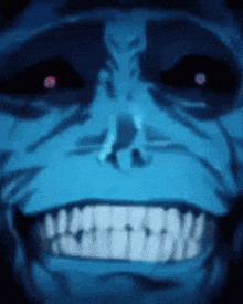a close up of a person 's face with glowing eyes and a smile .