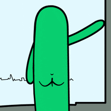 a cartoon drawing of a green cactus looking out a window with smoke coming out of it 's mouth
