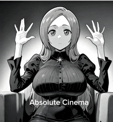 a black and white drawing of a woman sitting in a chair with absolute cinema written on the bottom