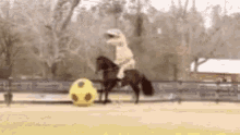 dinosaur riding a horse playing soccer