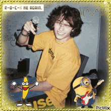 a young man in a yellow shirt is holding a microphone in front of a minion with a guitar