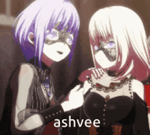 two anime girls wearing masks are standing next to each other and the word ashvee is on the bottom .