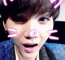 a close up of a person 's face with a pink nose and a smiley face