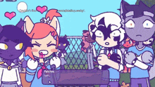a group of cartoon characters are standing around a fence and one of them says patches