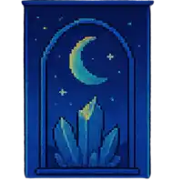 a pixel art of a crescent moon and crystals in a window