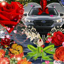 a picture of a car surrounded by red roses and butterflies with the words picmix at the bottom