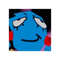 a close up of a blue cartoon character with a sad face