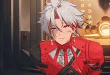 a cartoon character with white hair and red stripes is wearing a red suit