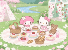 hello kitty and my melody are having a picnic with strawberries and croissants