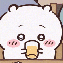 a cartoon drawing of a bear holding a glass in its mouth