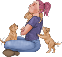 a woman with pink hair is sitting on the floor with three puppies