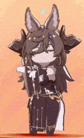 a cartoon drawing of a girl with horns holding a book