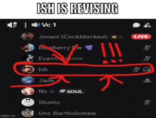 a screenshot of a video chat with the words ish is revising