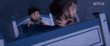 a boy and a girl are looking out of a bed with netflix written in the corner